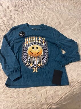 Hurley Teal Blue Long-Sleeve Graphic Tee with Yellow Smiley